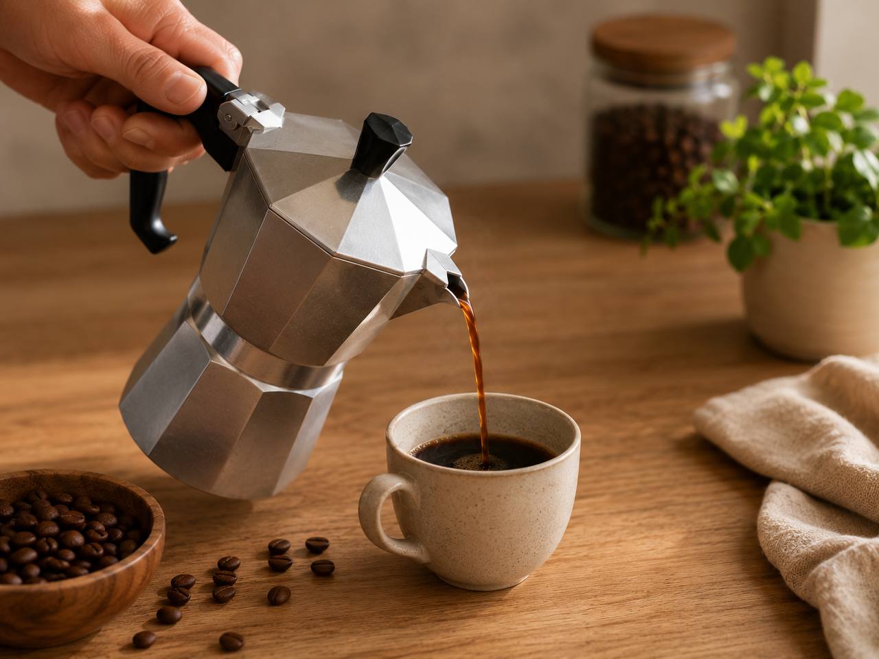 Kava pilama iš moka kavinuko į puodelį