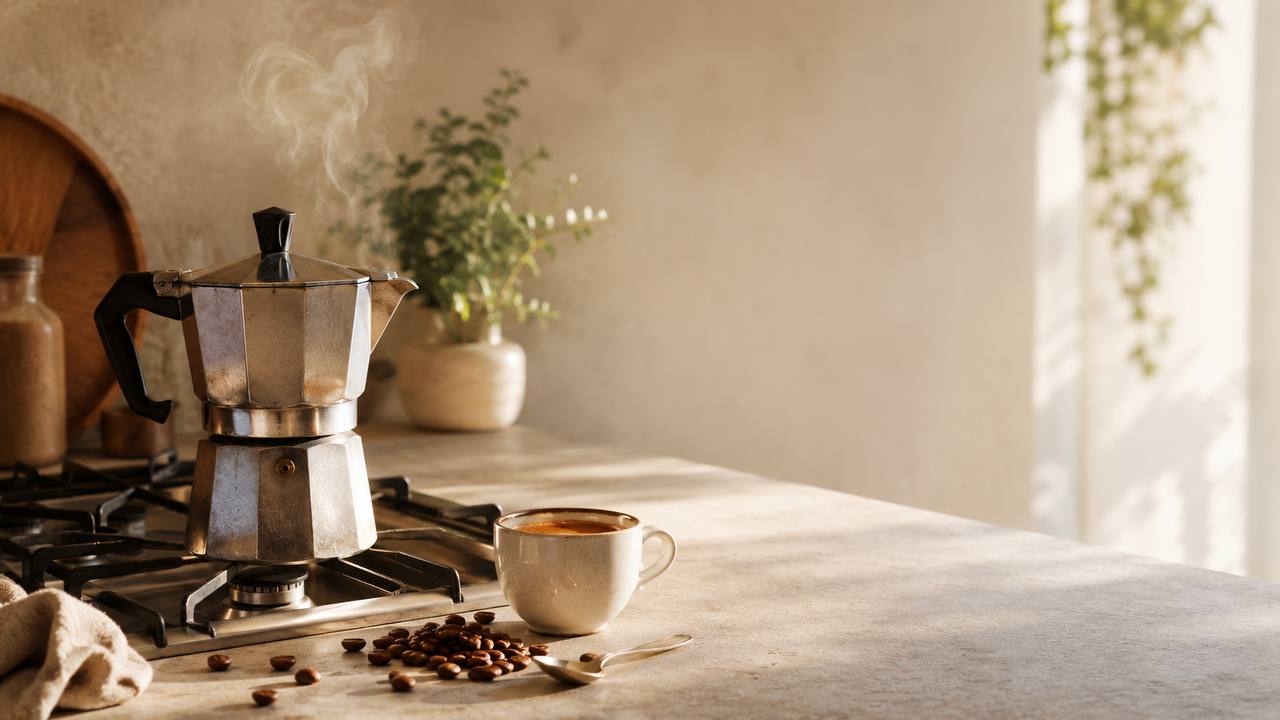 Moka kavinukas virtuvėje su espresso puodeliu