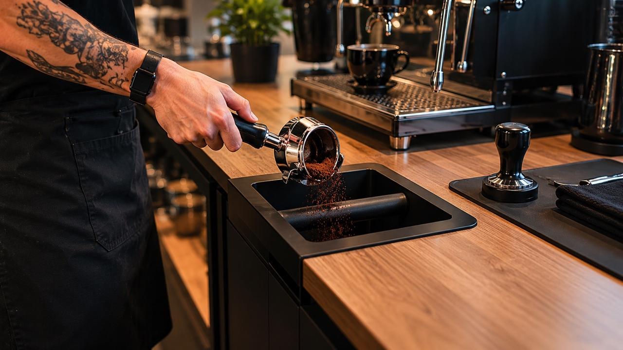 Barista naudoja įmontuojamą Knock Box kavos tirščiams prie espresso aparato
